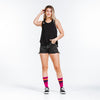 Pink, gold, and navy blue crew length compression socks - on model