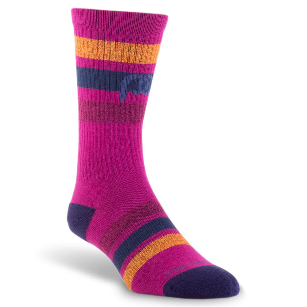 Pink, gold, and navy blue crew length compression socks