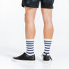 Blue and white striped compression socks - crew length - posterior close up 