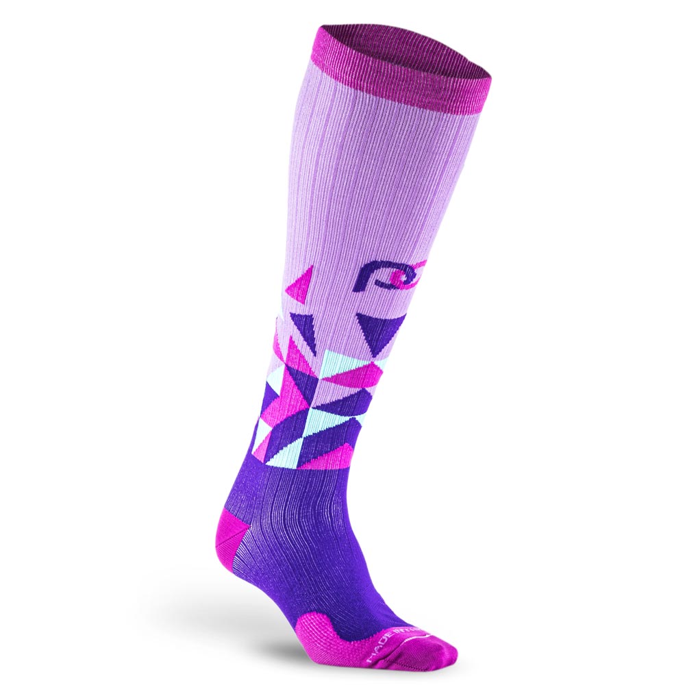 Purple knee high compression socks with pink and blue highlights