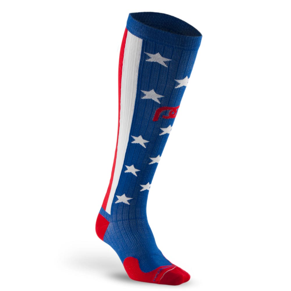 Knee high compression socks with American stars and stripes theme
