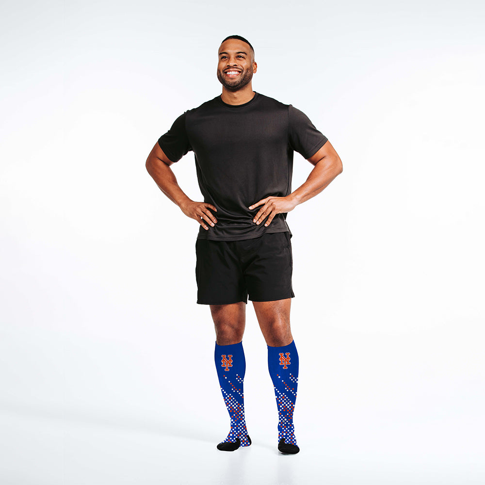 Man wearing PRO Compression Major League Baseball Knee High Compression Sock Genuine MLB Merchandise Sock New York Mets