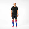 Man wearing PRO Compression Major League Baseball Knee High Compression Sock Genuine MLB Merchandise Sock Toronto Blue Jays