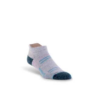 lavender, blue, and black ankle socks for hiking