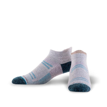 lavender, blue, and black hiking socks - ankle sock style.