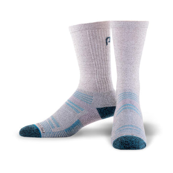 wool hiking crew socks in grey with blue accents